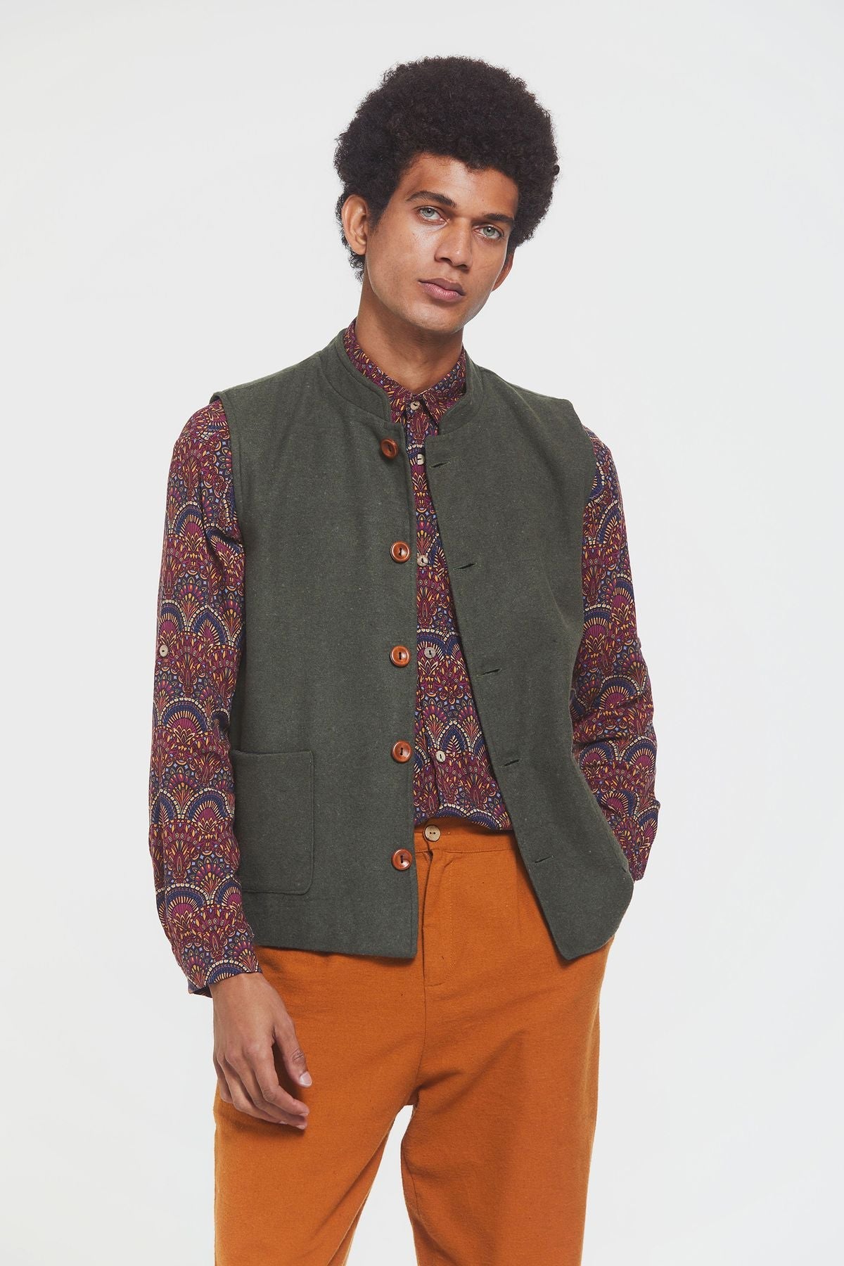 Band Collar Boho Men's Vest Green