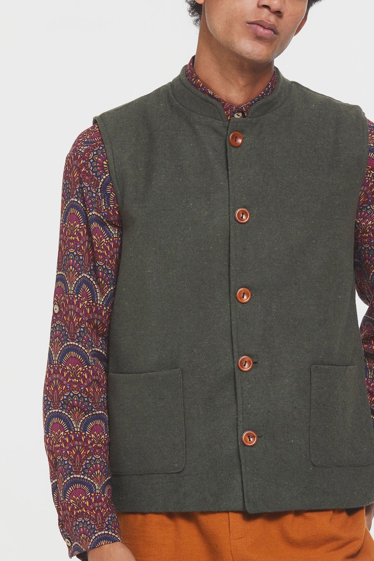 Band Collar Boho Men's Vest Green