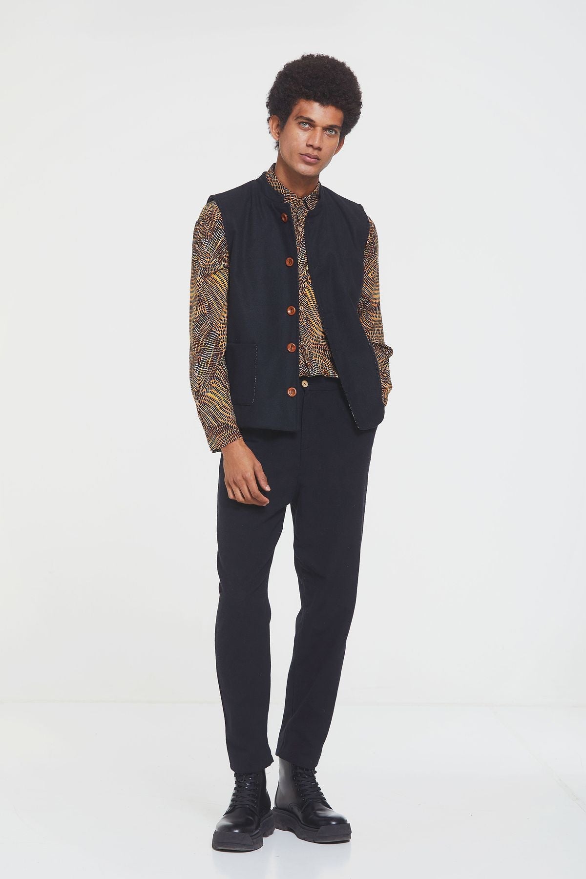 Band Collar Boho Men's Vest Black