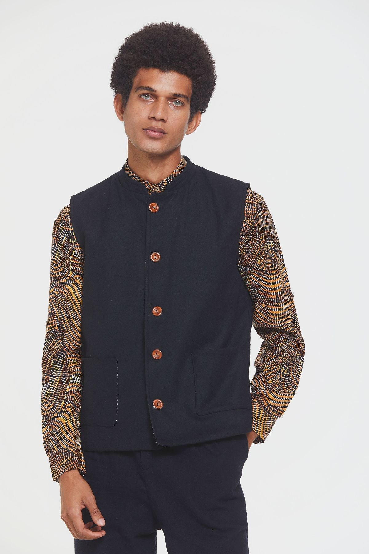 Band Collar Boho Men's Vest Black