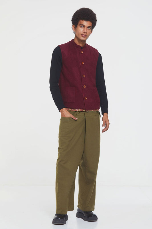 Band Collar Boho Men's Vest Dark Red