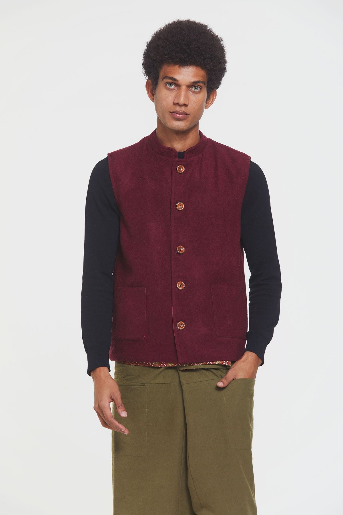 Band Collar Boho Men's Vest Dark Red