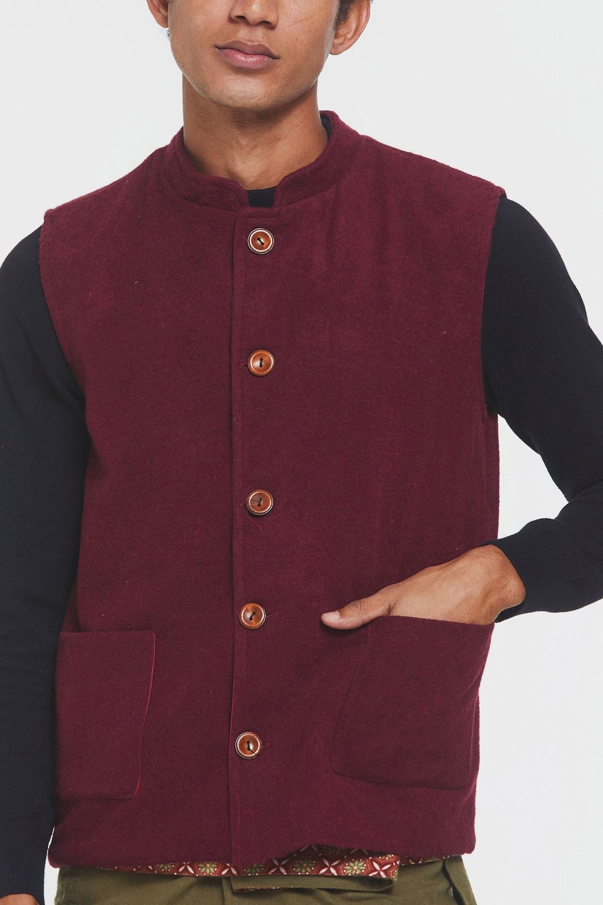 Band Collar Boho Men's Vest Dark Red
