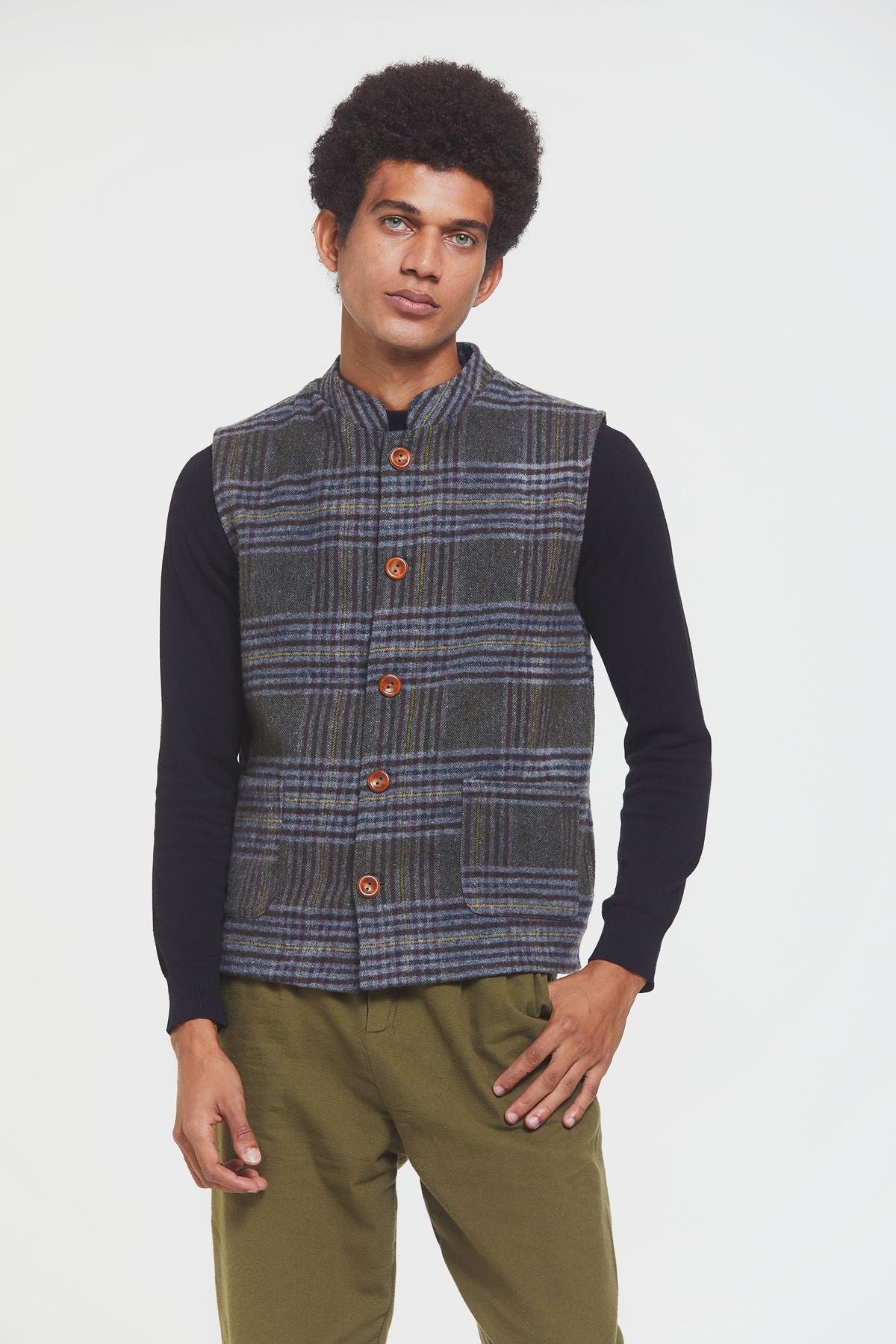 Band Collar Boho Men's Vest Khaki