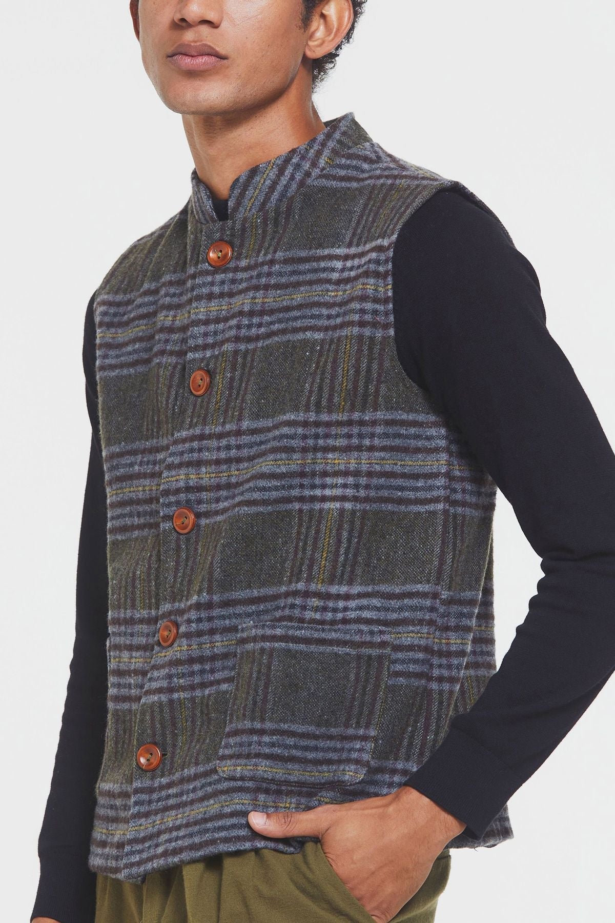 Band Collar Boho Men's Vest Khaki