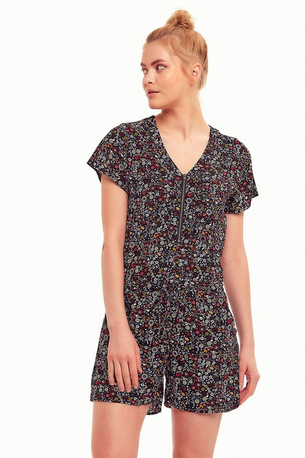 Floral Short Jumpsuit Black