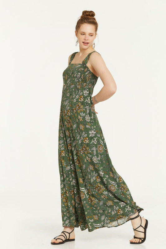 Flower Print Flowy Jumpsuit with Square Neck Green