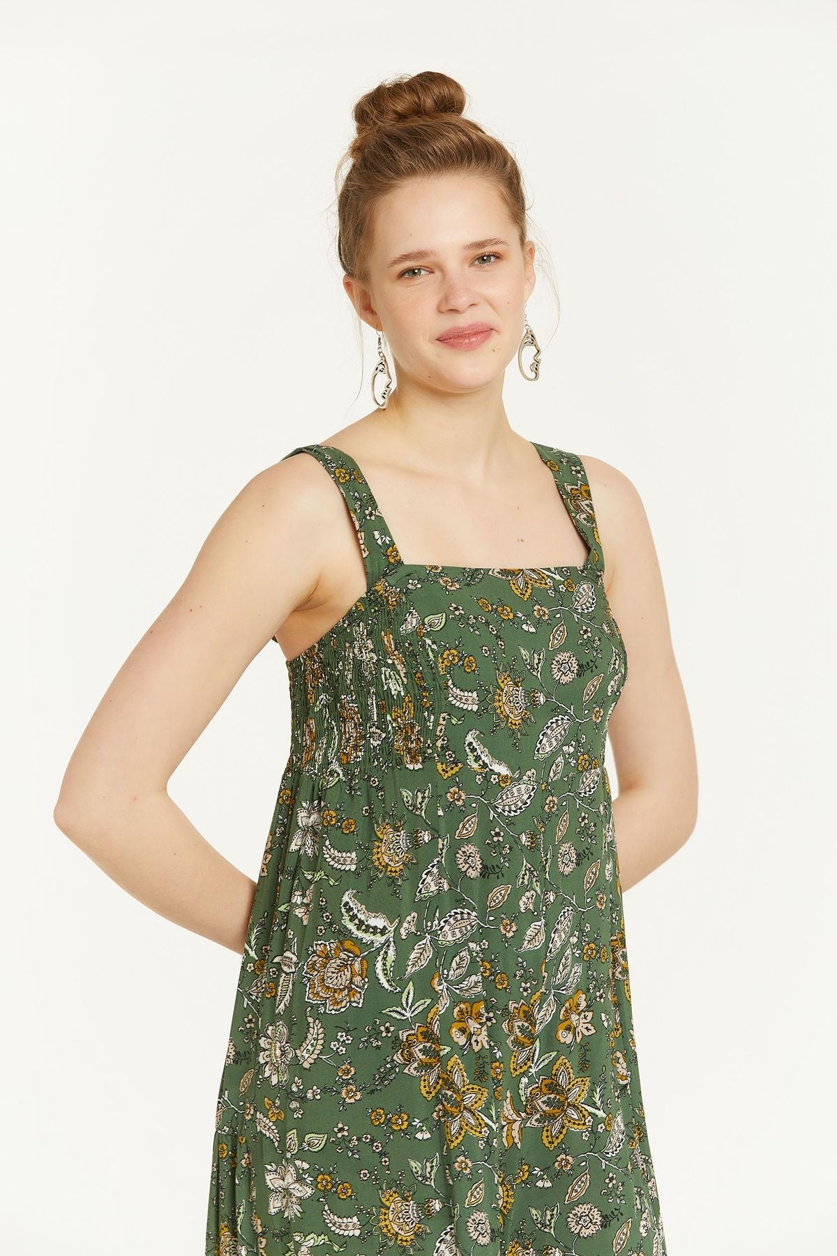 Flower Print Flowy Jumpsuit with Square Neck Green
