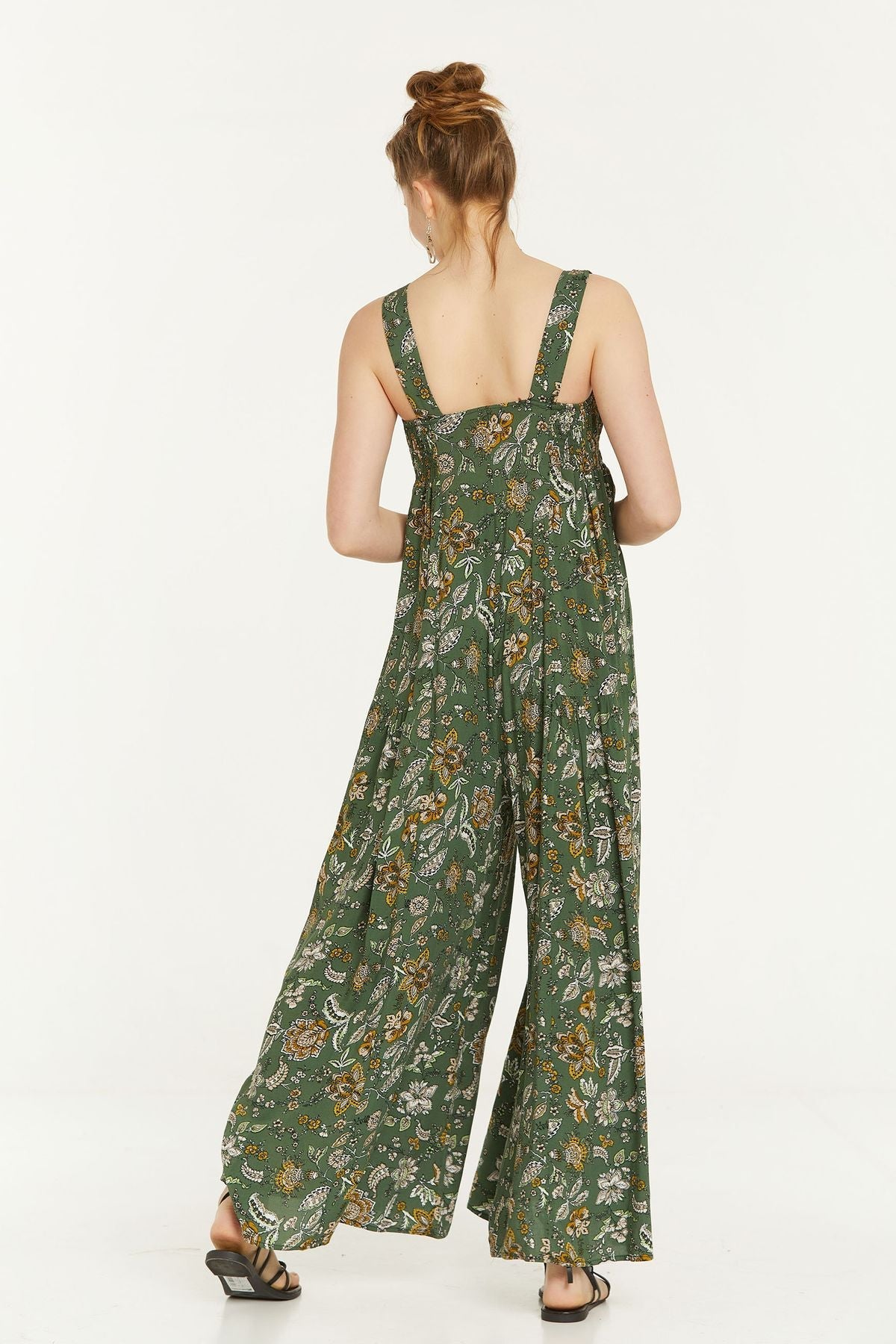Flower Print Flowy Jumpsuit with Square Neck Green