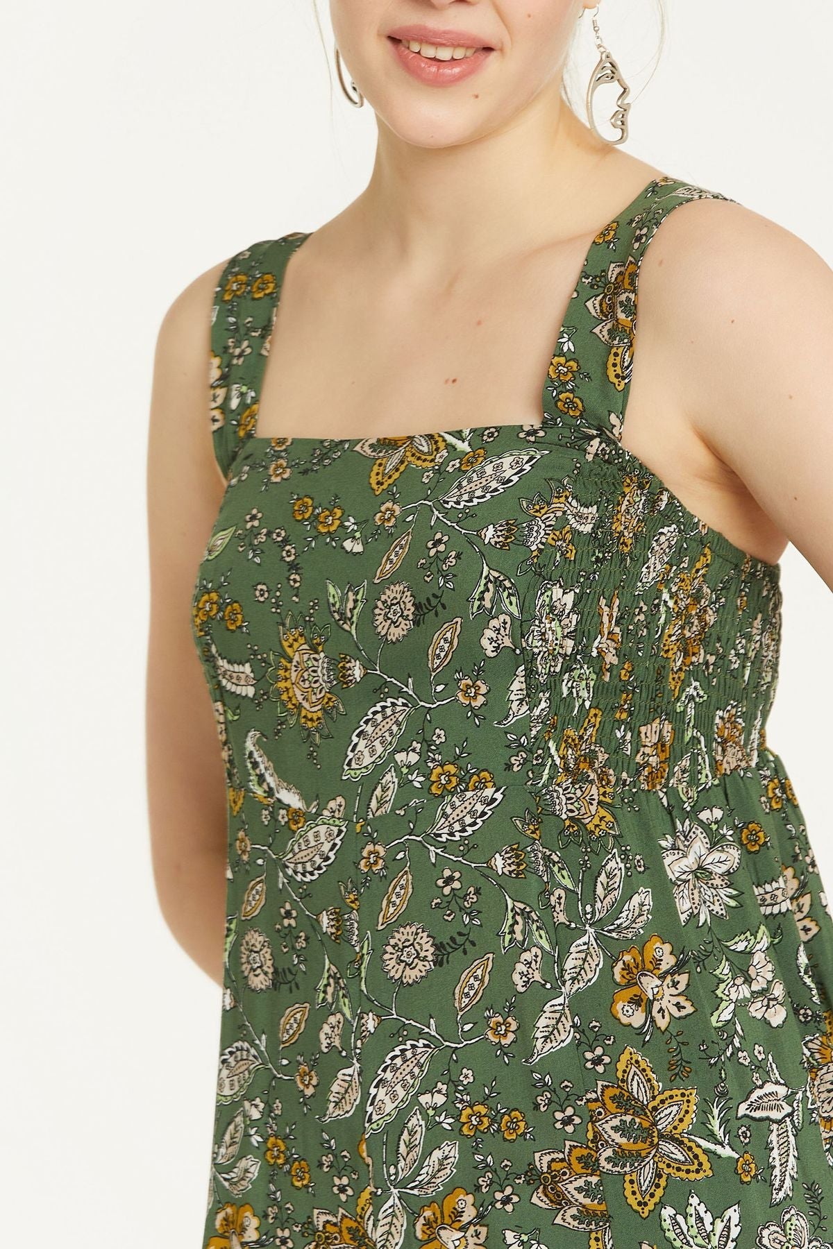 Flower Print Flowy Jumpsuit with Square Neck Green
