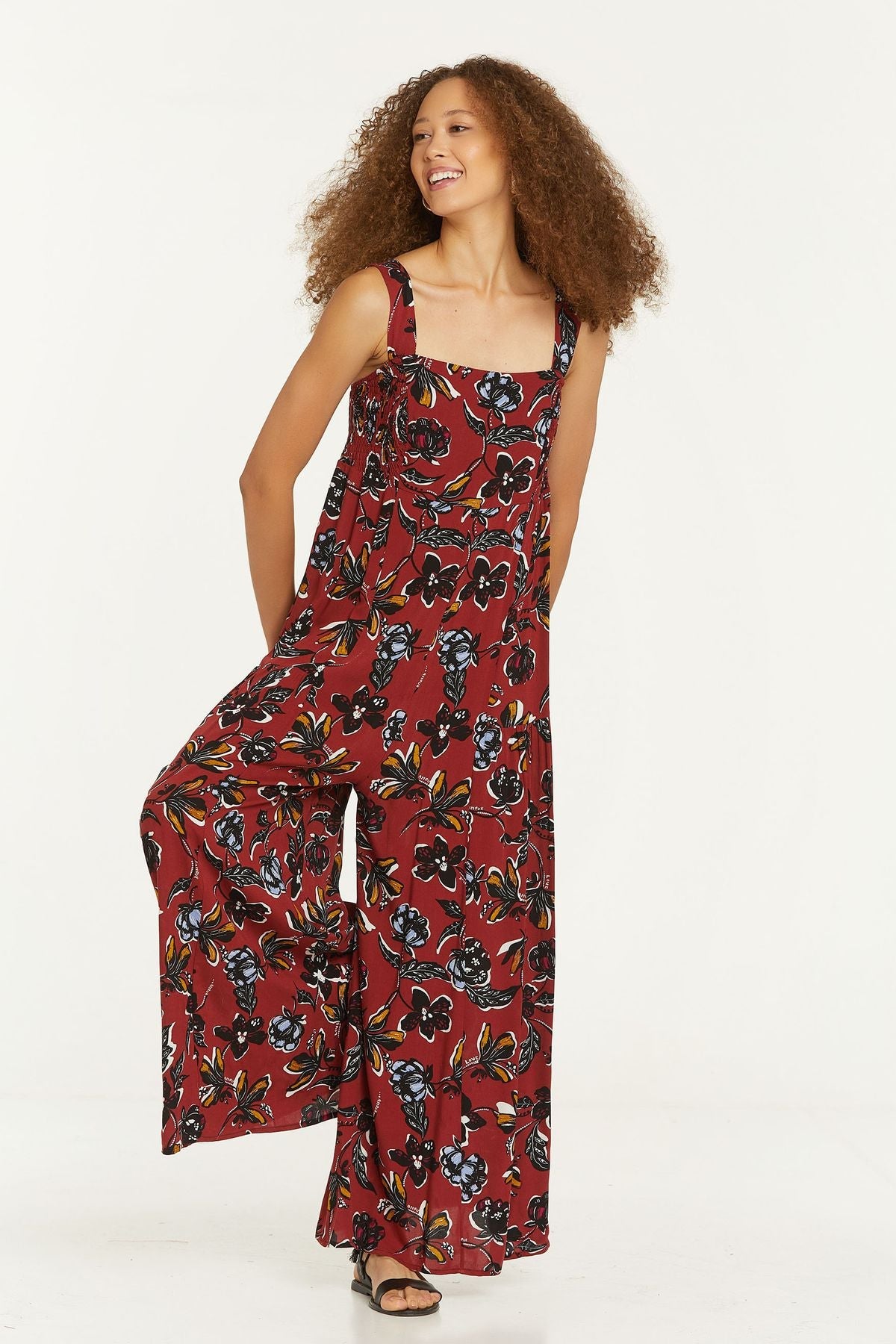 Flower Print Flowy Jumpsuit with Square Neck Red