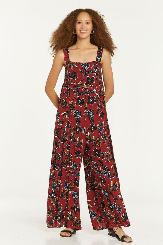 Flower Print Flowy Jumpsuit with Square Neck Red