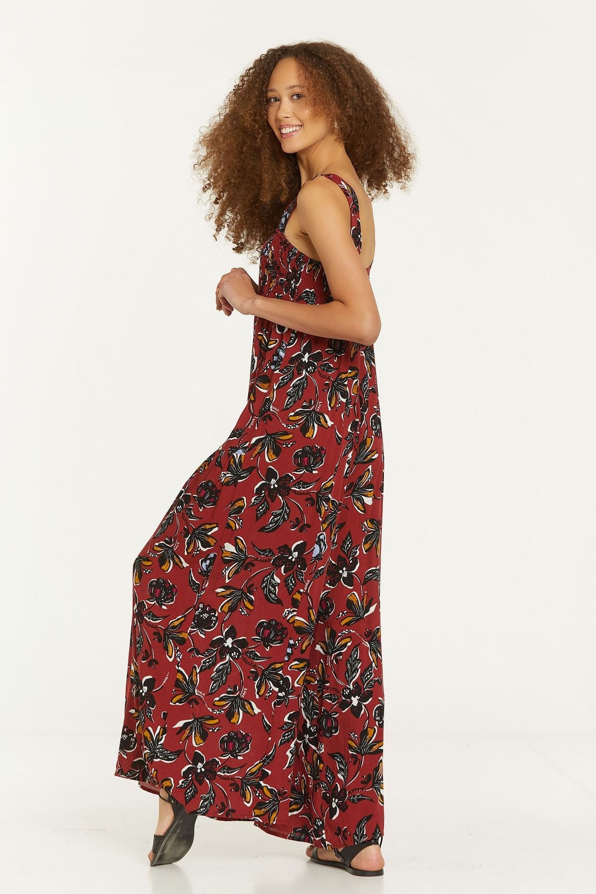 Flower Print Flowy Jumpsuit with Square Neck Red