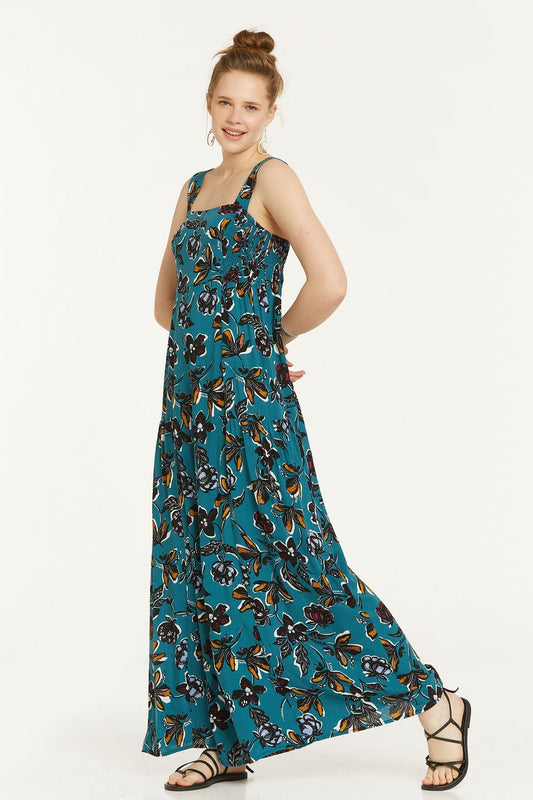 Flower Print Flowy Jumpsuit with Square Neck Turquoise