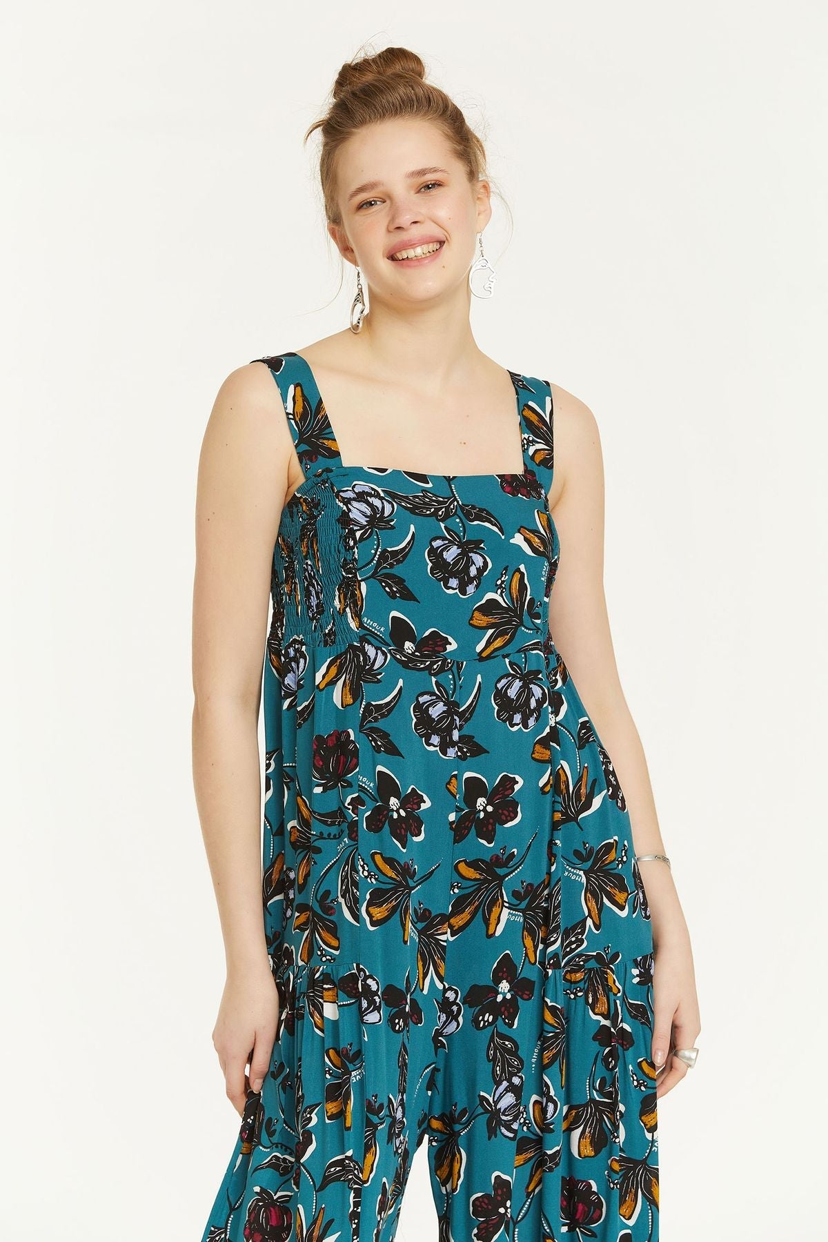 Flower Print Flowy Jumpsuit with Square Neck Turquoise