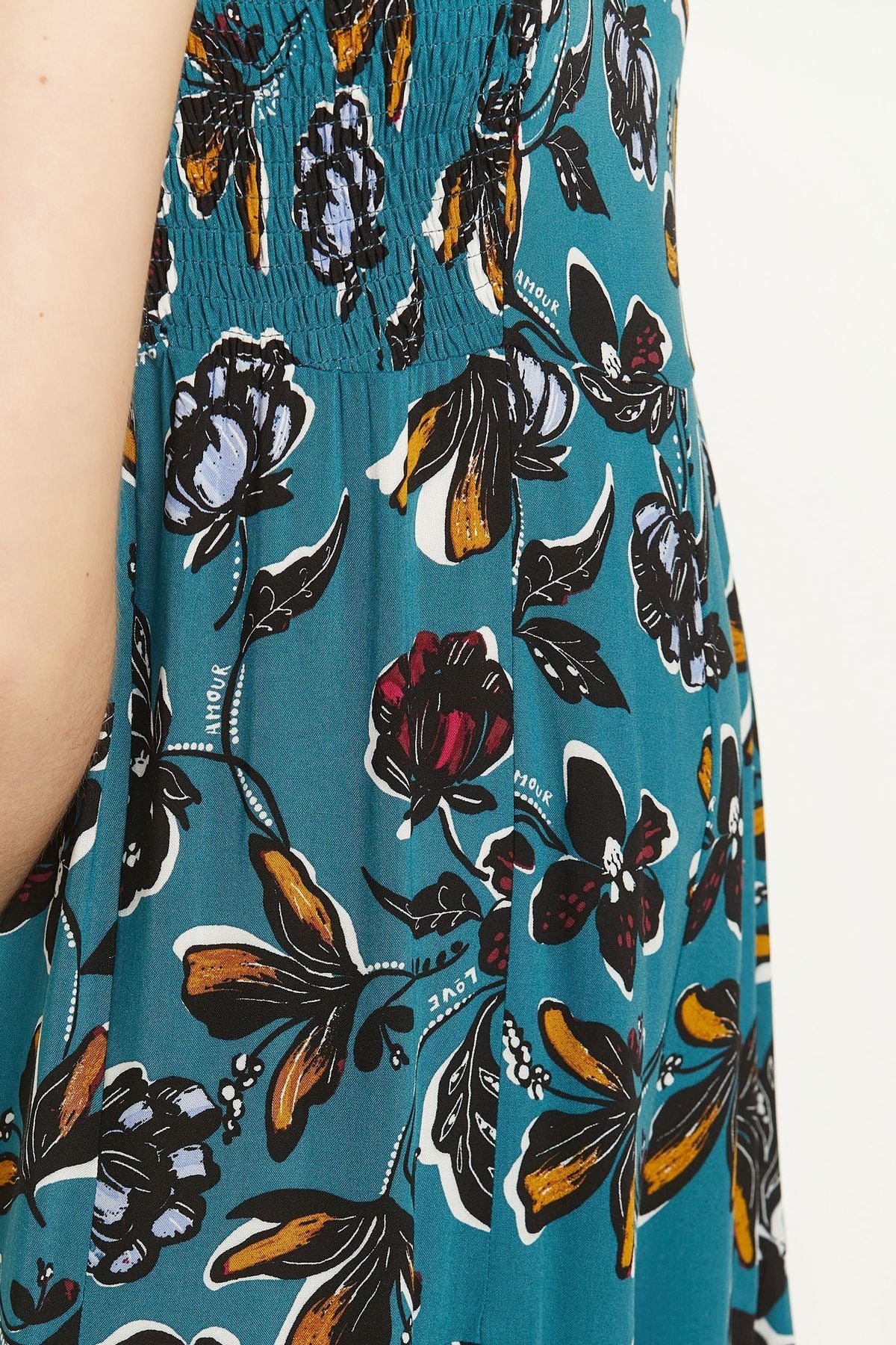 Flower Print Flowy Jumpsuit with Square Neck Turquoise