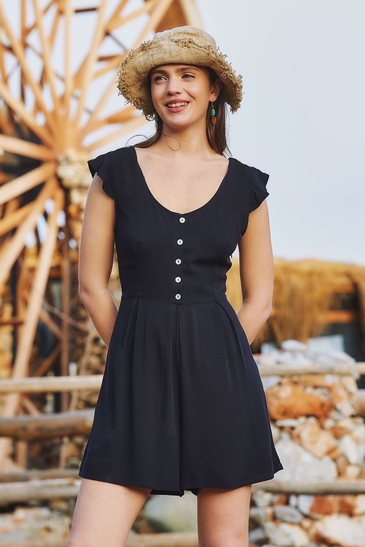 Short Boho Jumpsuit with Special Back Design Black
