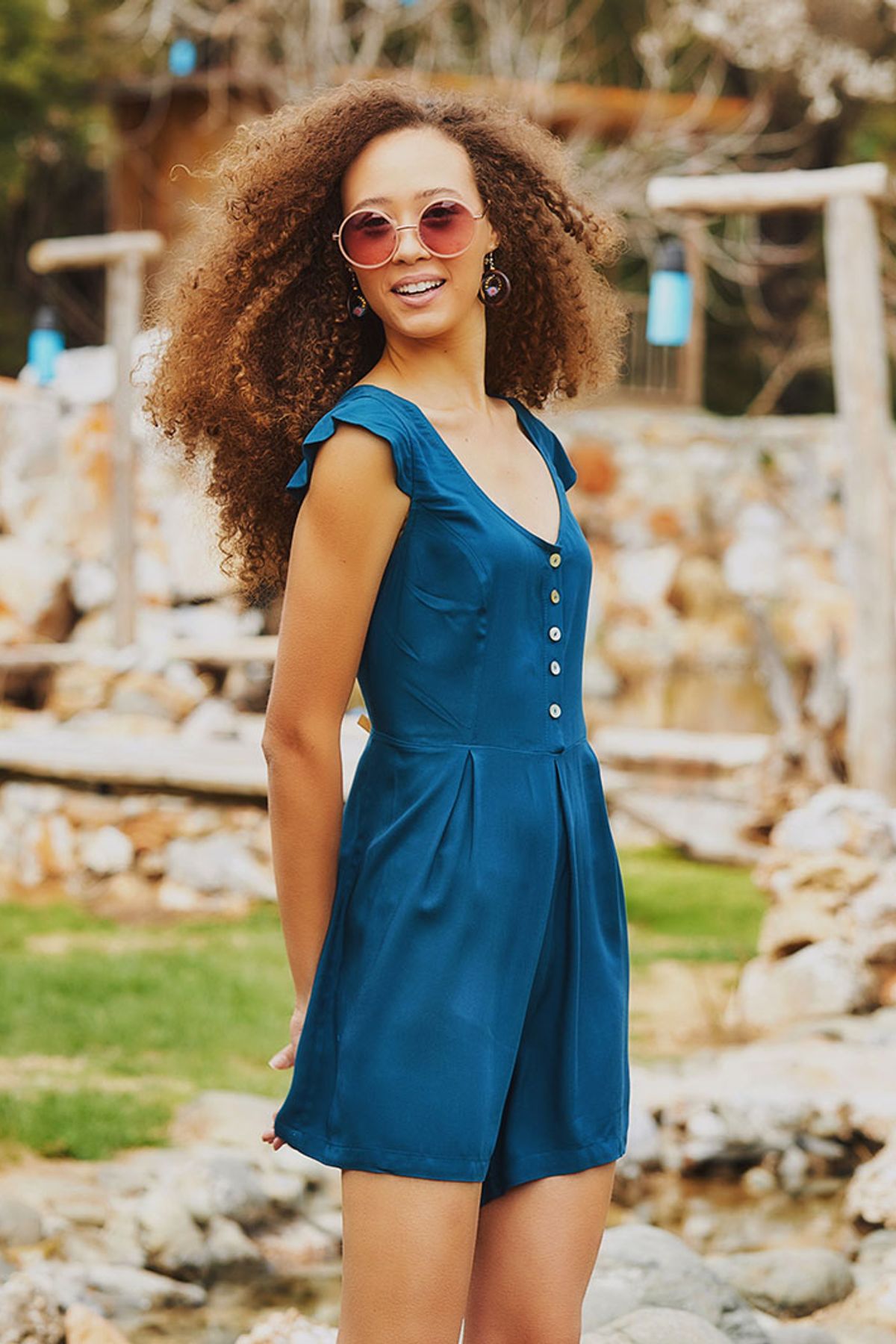 Short Boho Jumpsuit with Special Back Design Turquoise