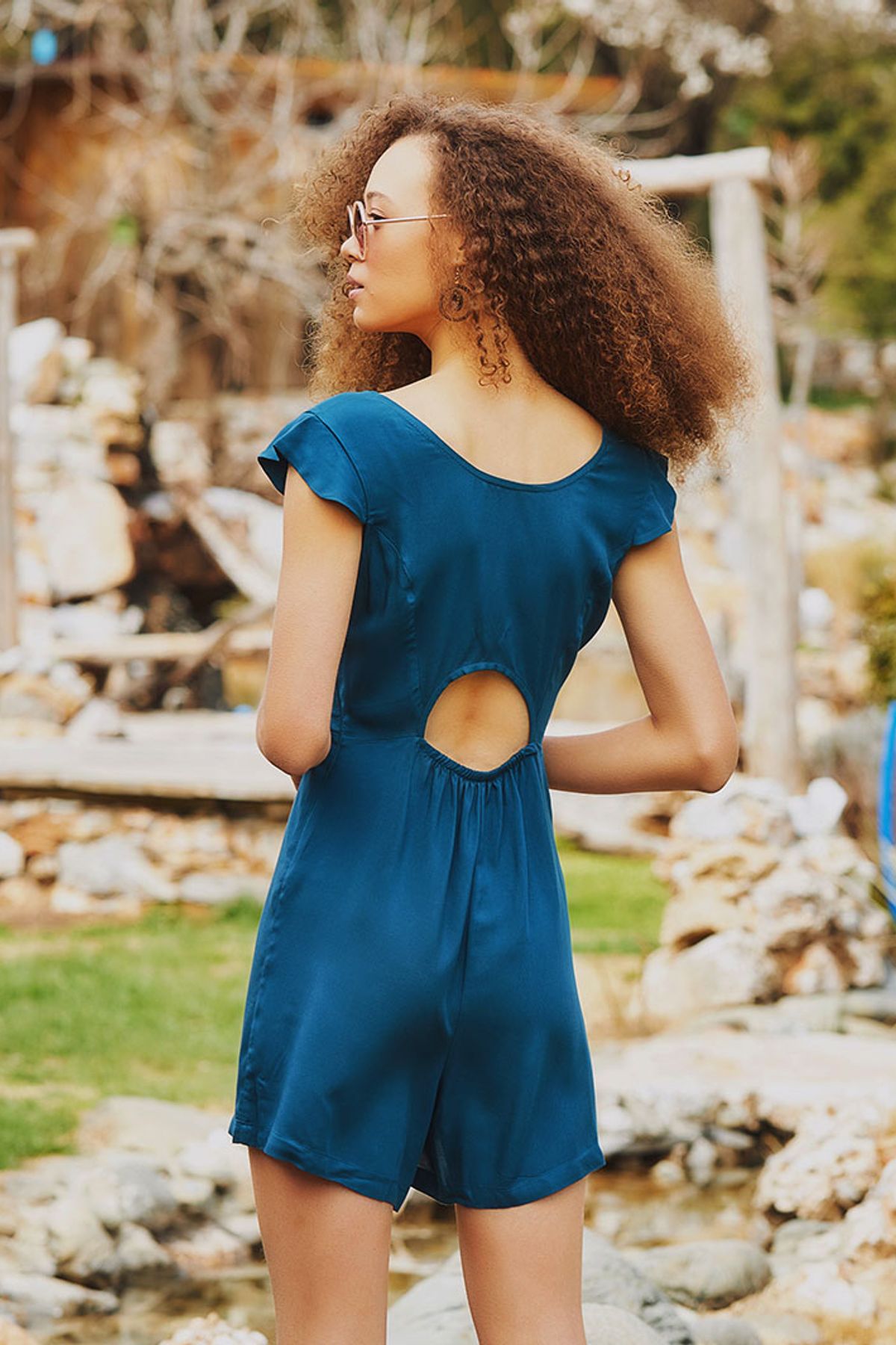 Short Boho Jumpsuit with Special Back Design Turquoise