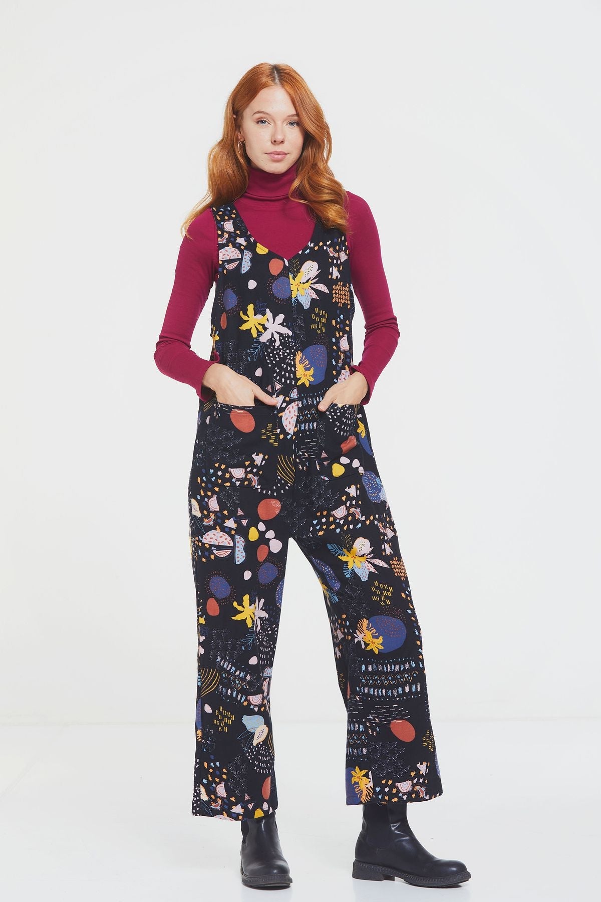 Printed Women's Long Winter Jumpsuit Black