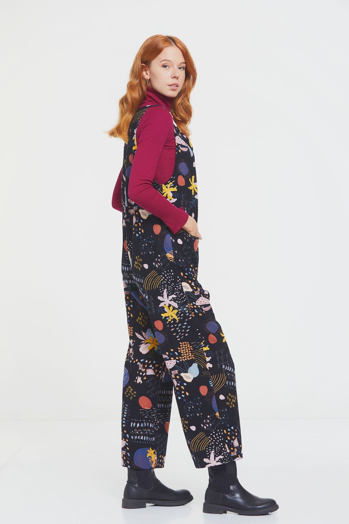 Printed Women's Long Winter Jumpsuit Black