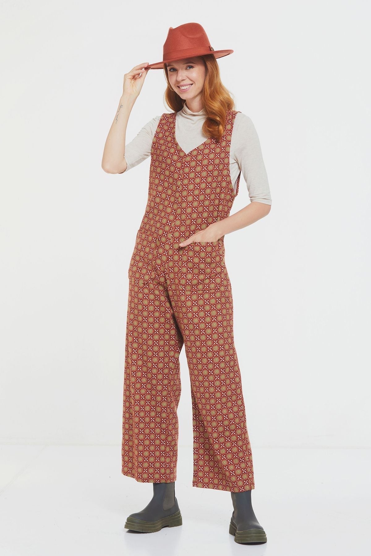 Printed Women's Long Winter Jumpsuit Brown