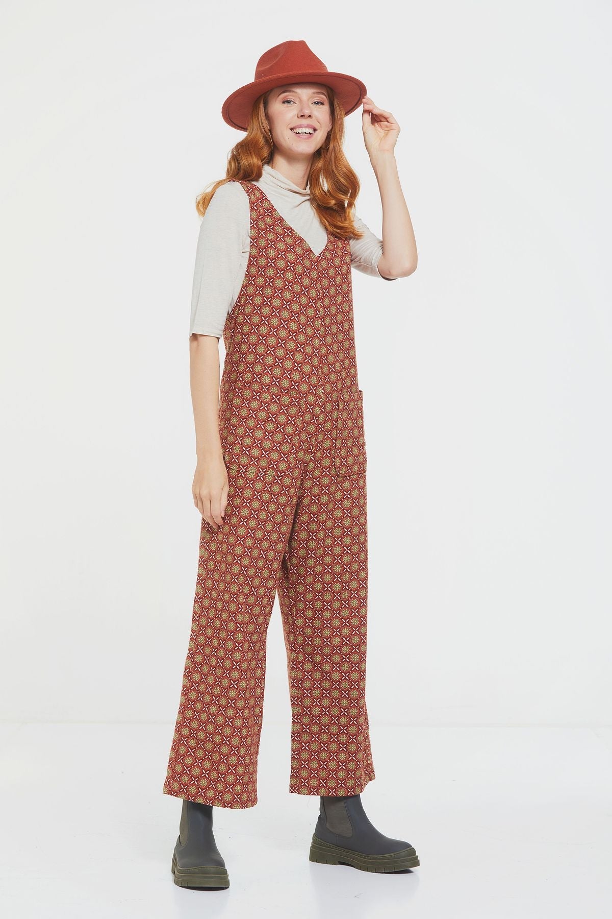 Printed Women's Long Winter Jumpsuit Brown