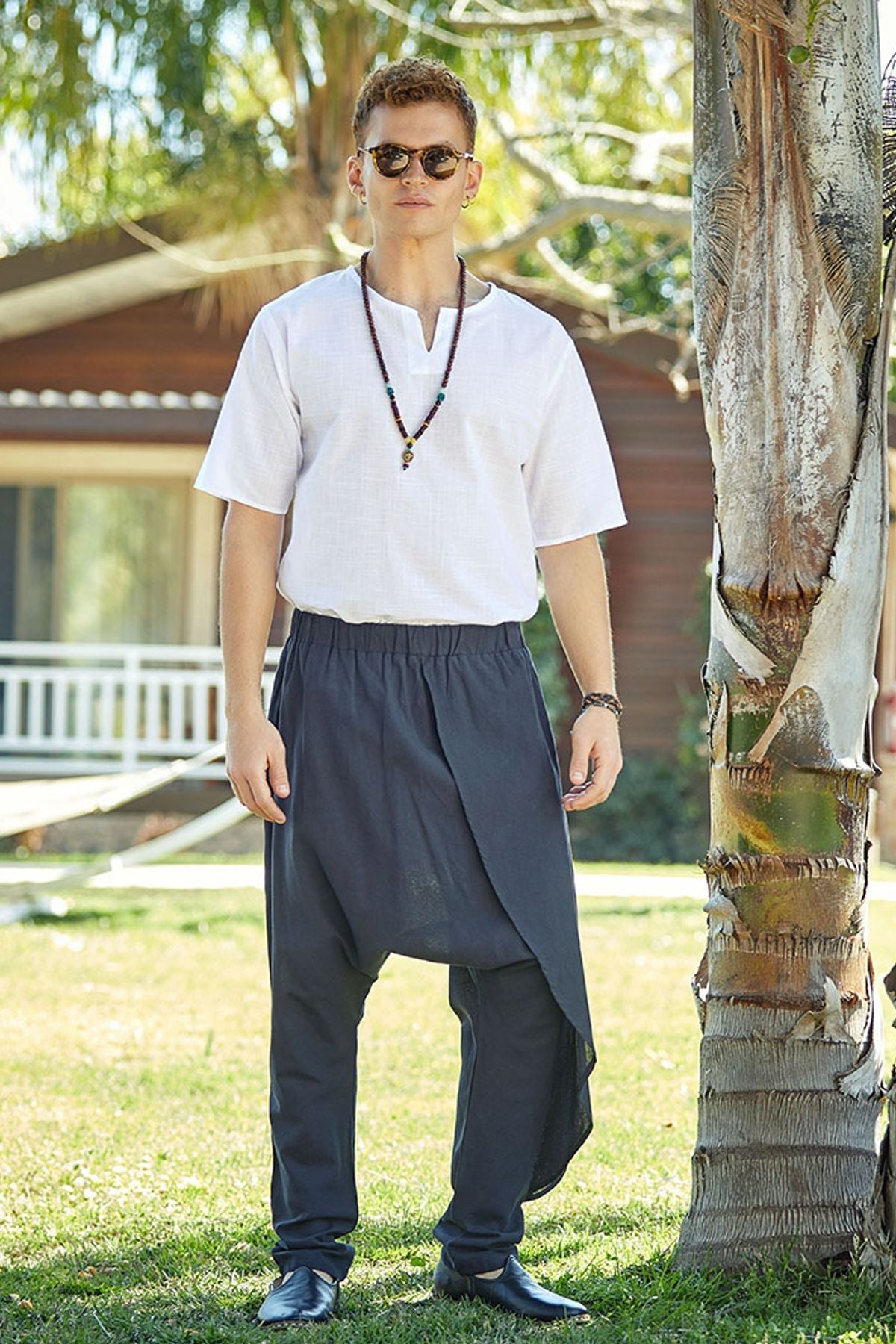 Elastic Waist Men's Hippie Cotton Harem Pants Black