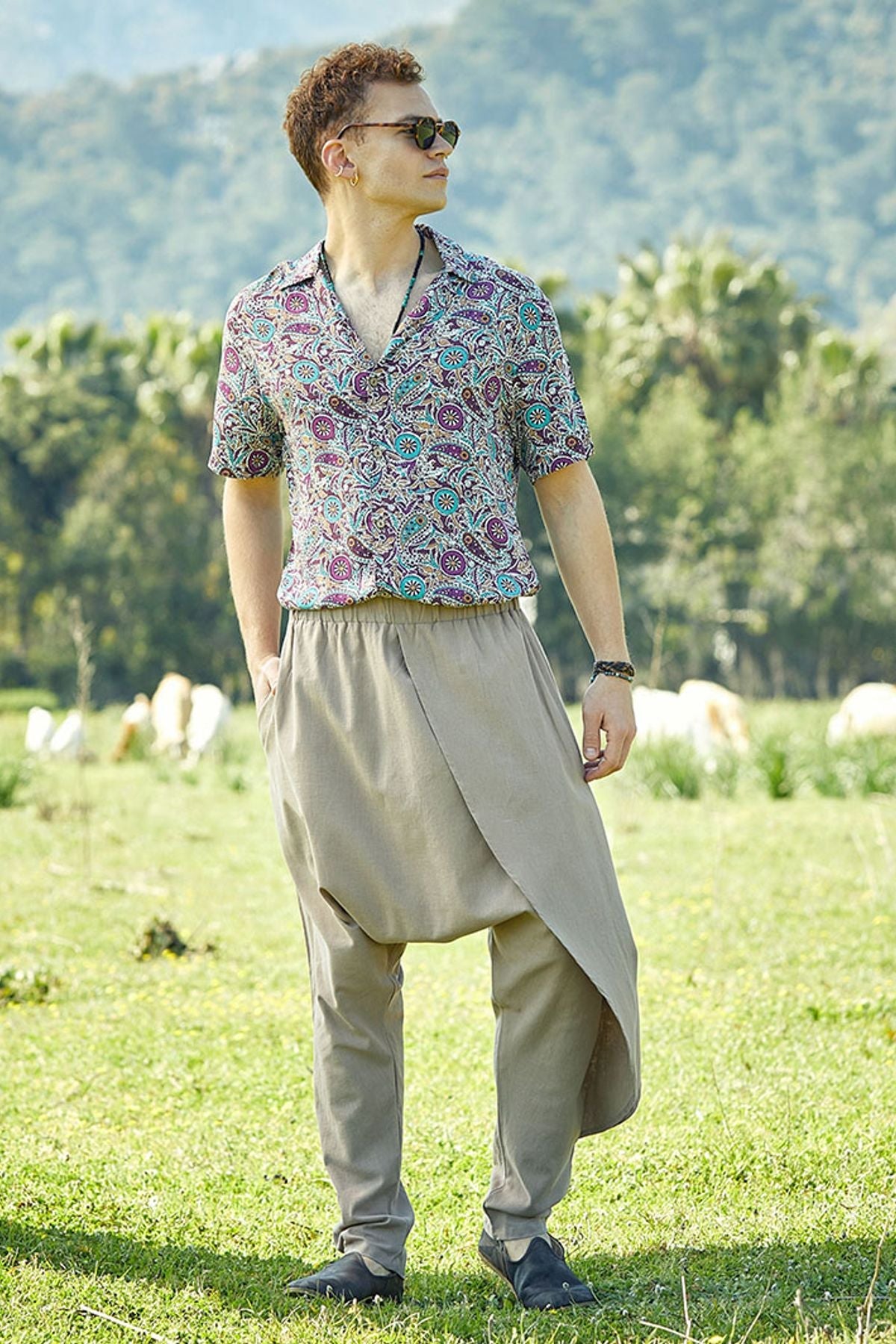 Elastic Waist Men's Hippie Cotton Harem Pants Beige