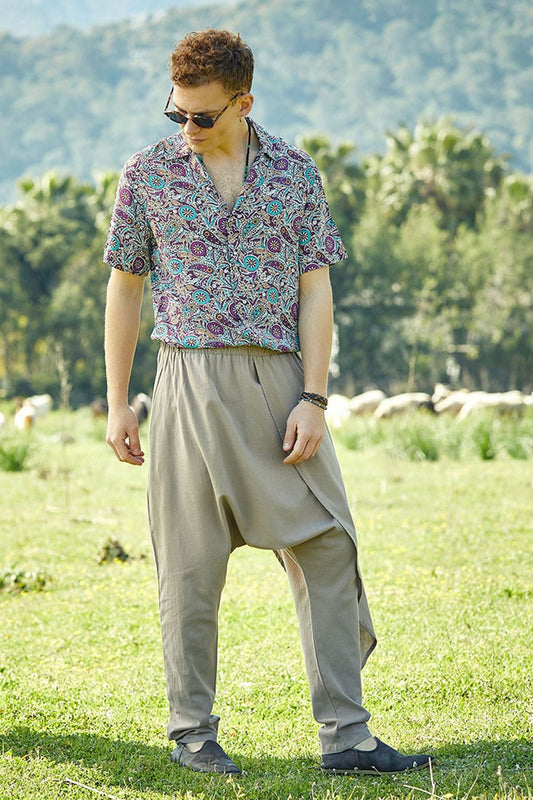 Elastic Waist Men's Hippie Cotton Harem Pants Beige