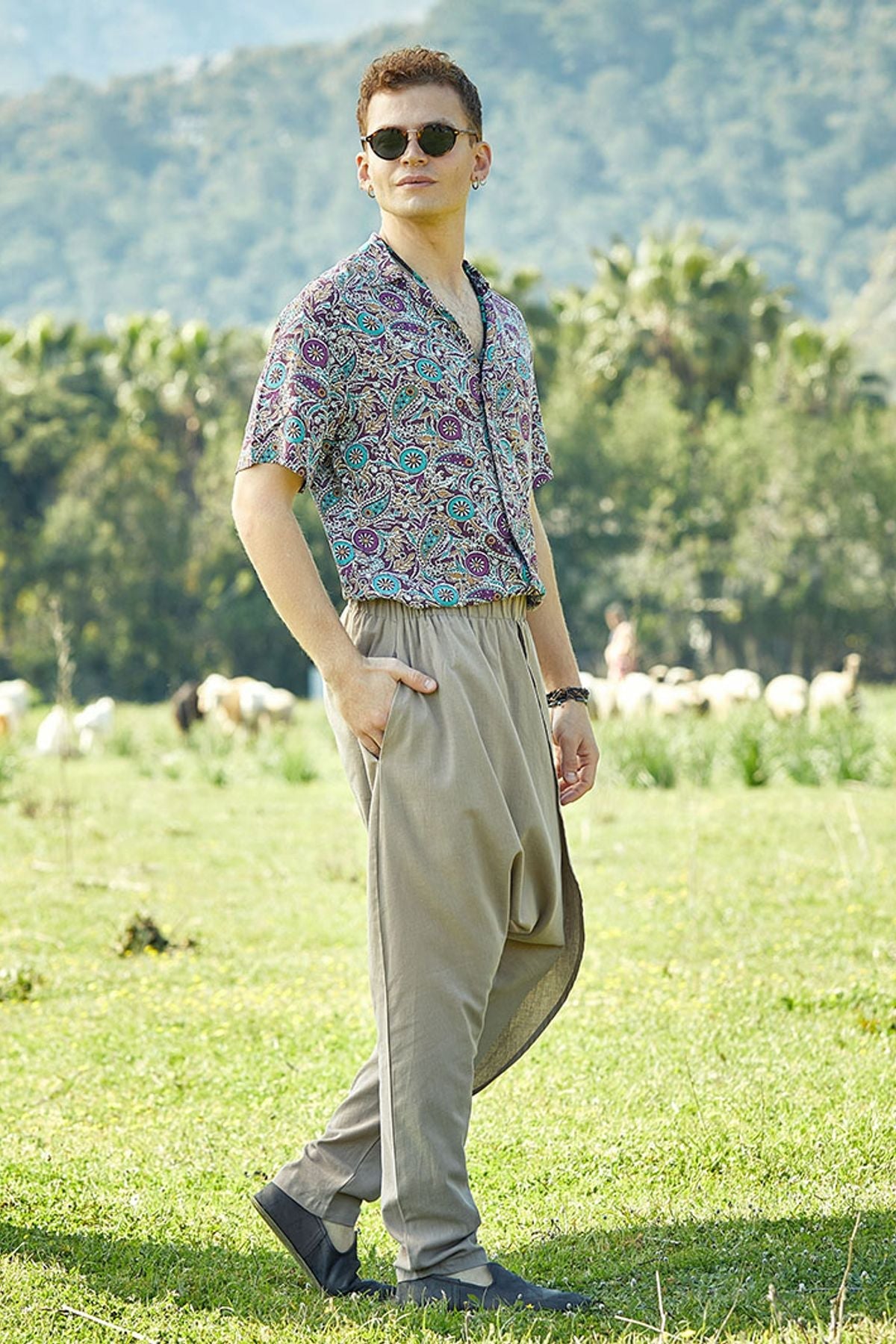 Elastic Waist Men's Hippie Cotton Harem Pants Beige