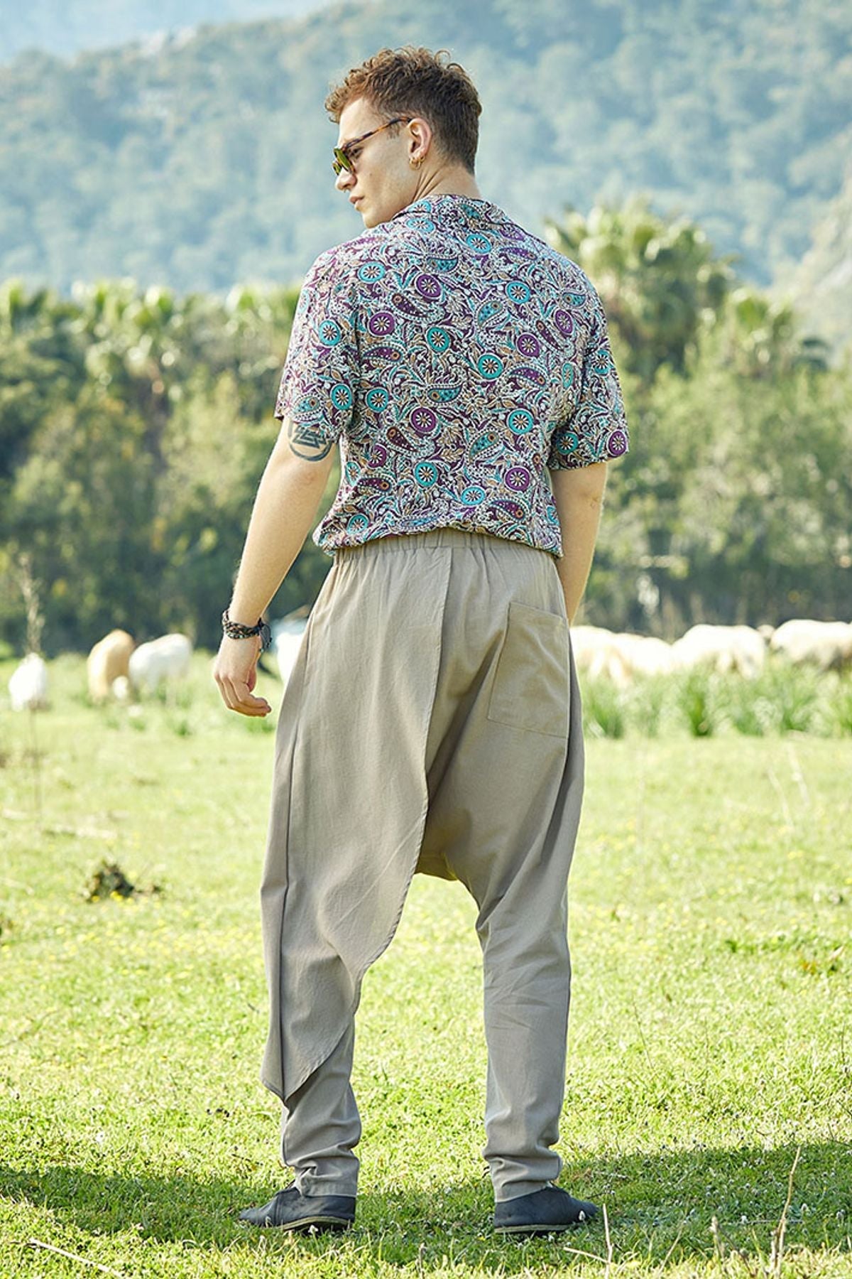 Elastic Waist Men's Hippie Cotton Harem Pants Beige