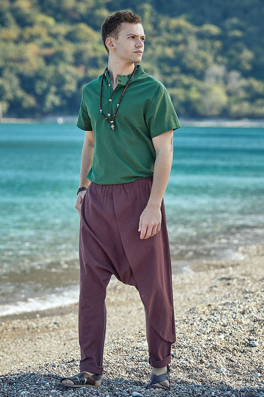 Elastic Waist Men's Hippie Cotton Harem Pants Brown