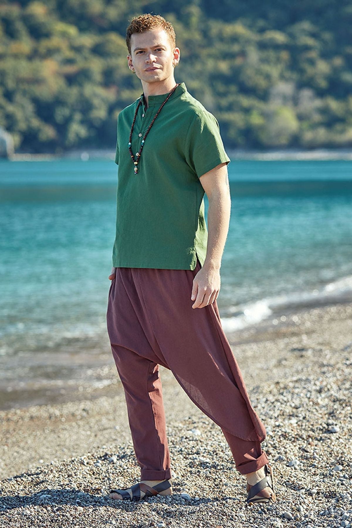 Elastic Waist Men's Hippie Cotton Harem Pants Brown