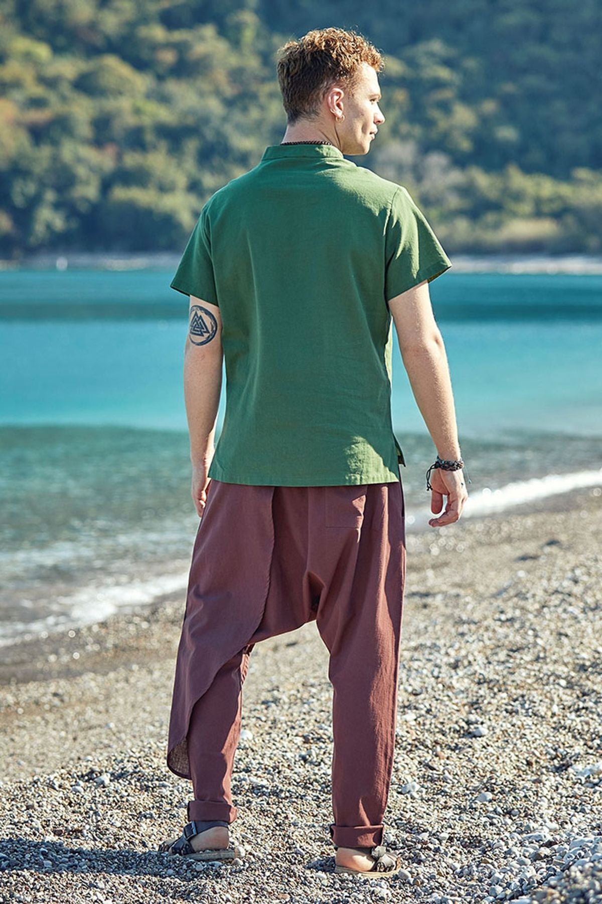 Elastic Waist Men's Hippie Cotton Harem Pants Brown