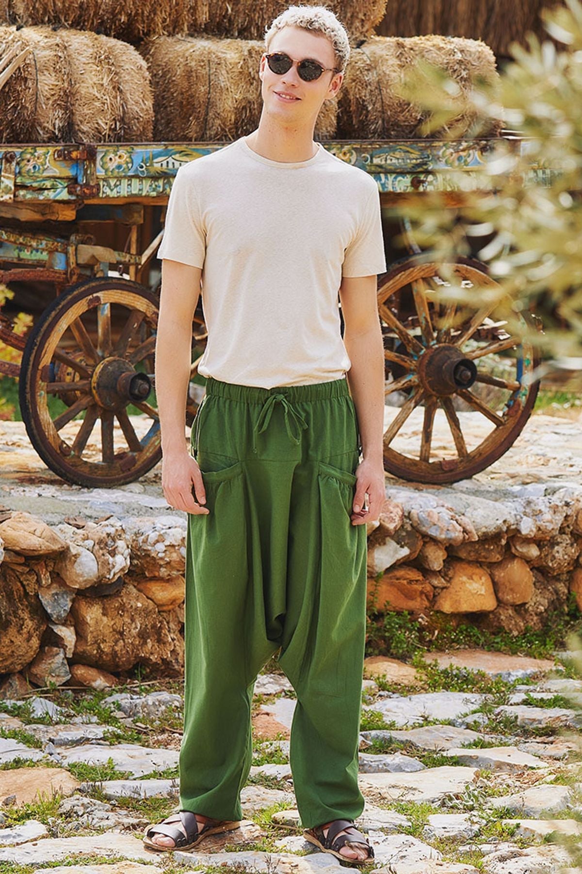 Men's Boho Drop Crotch Pants Green