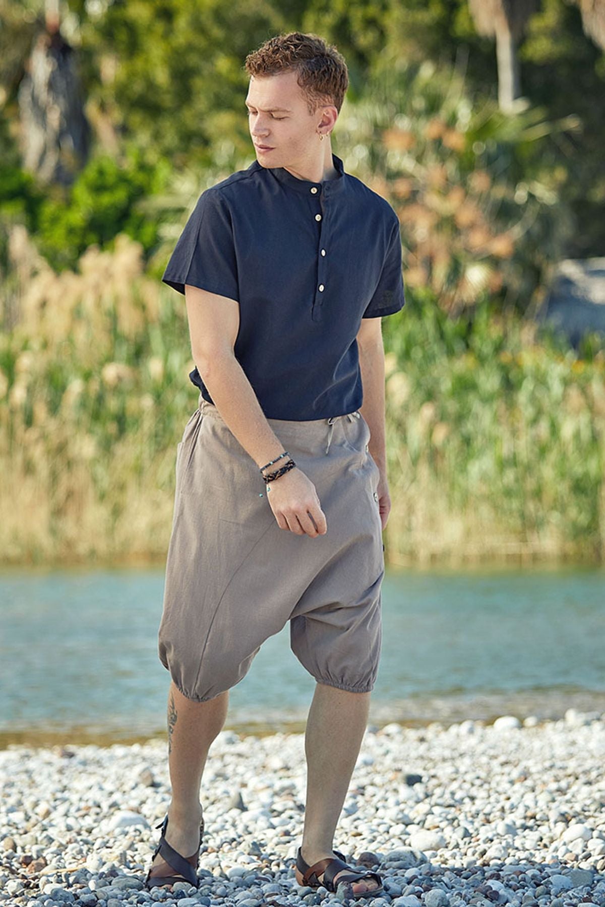 Hippie Style Men's Short Harem Pants Beige