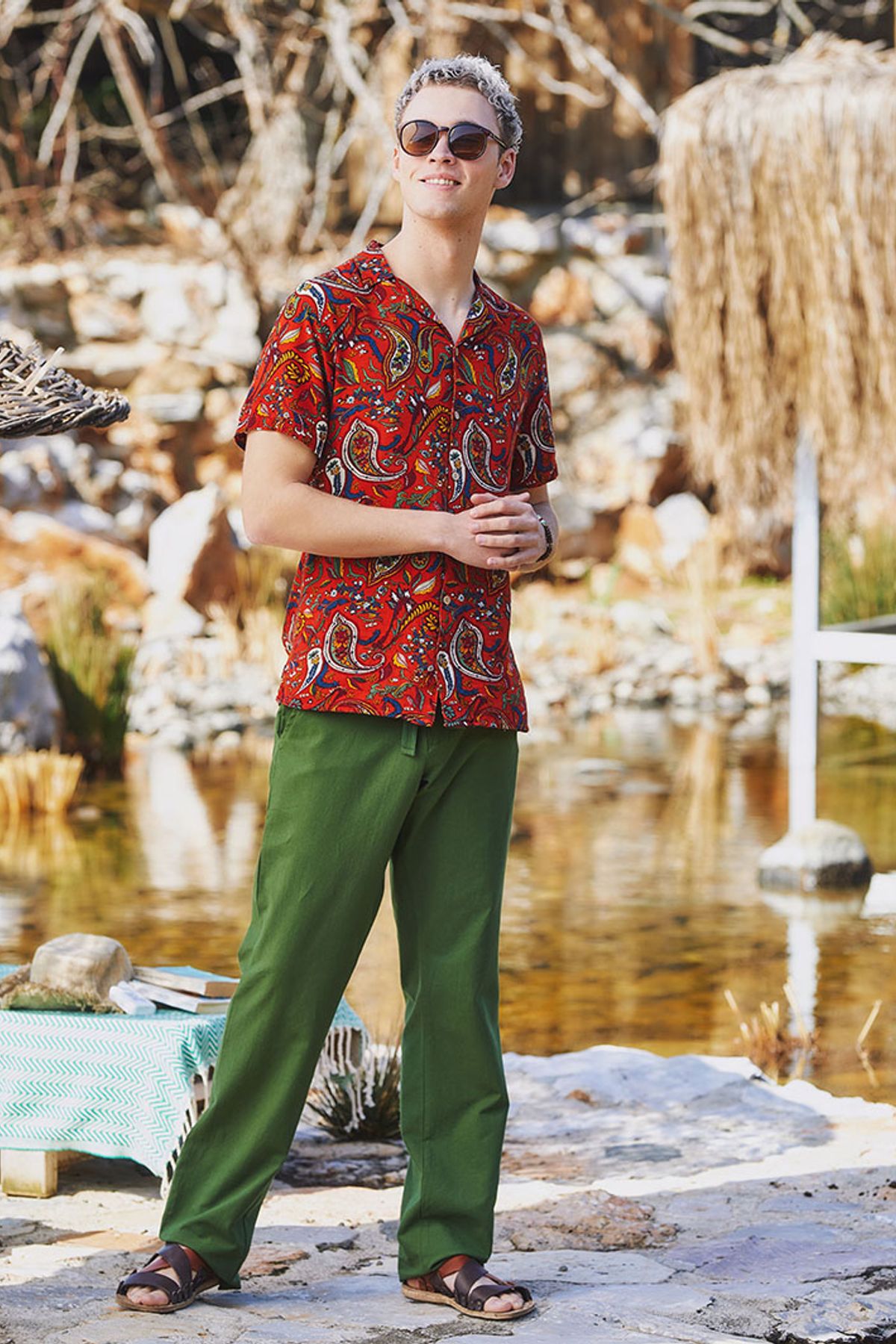 Men's Tie Waist Bohemian Pants Green