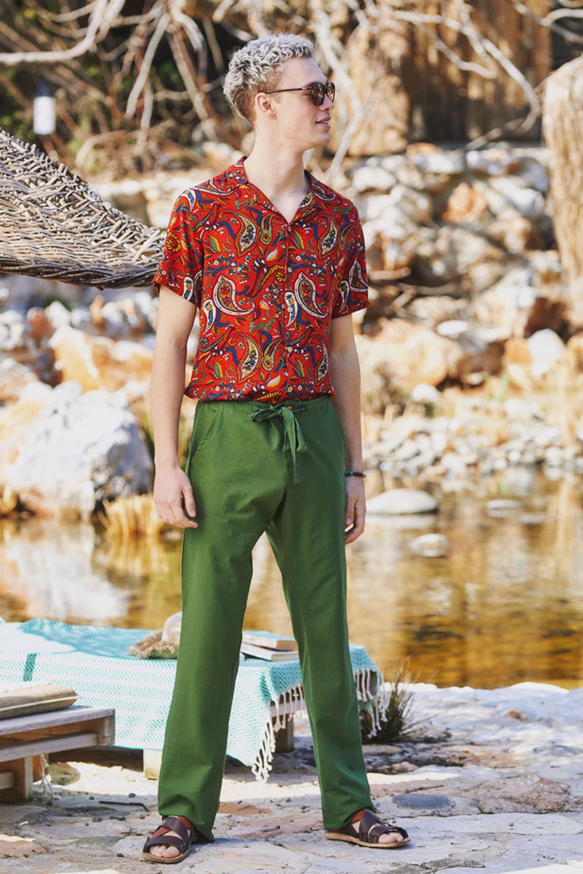 Men's Tie Waist Bohemian Pants Green