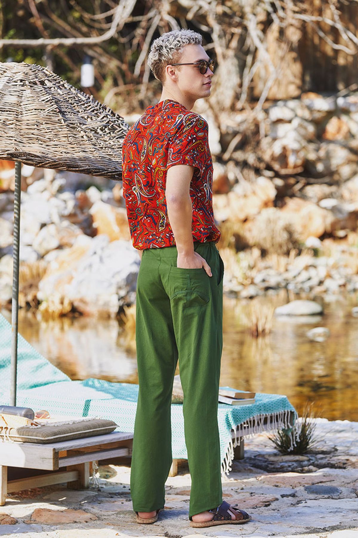 Men's Tie Waist Bohemian Pants Green