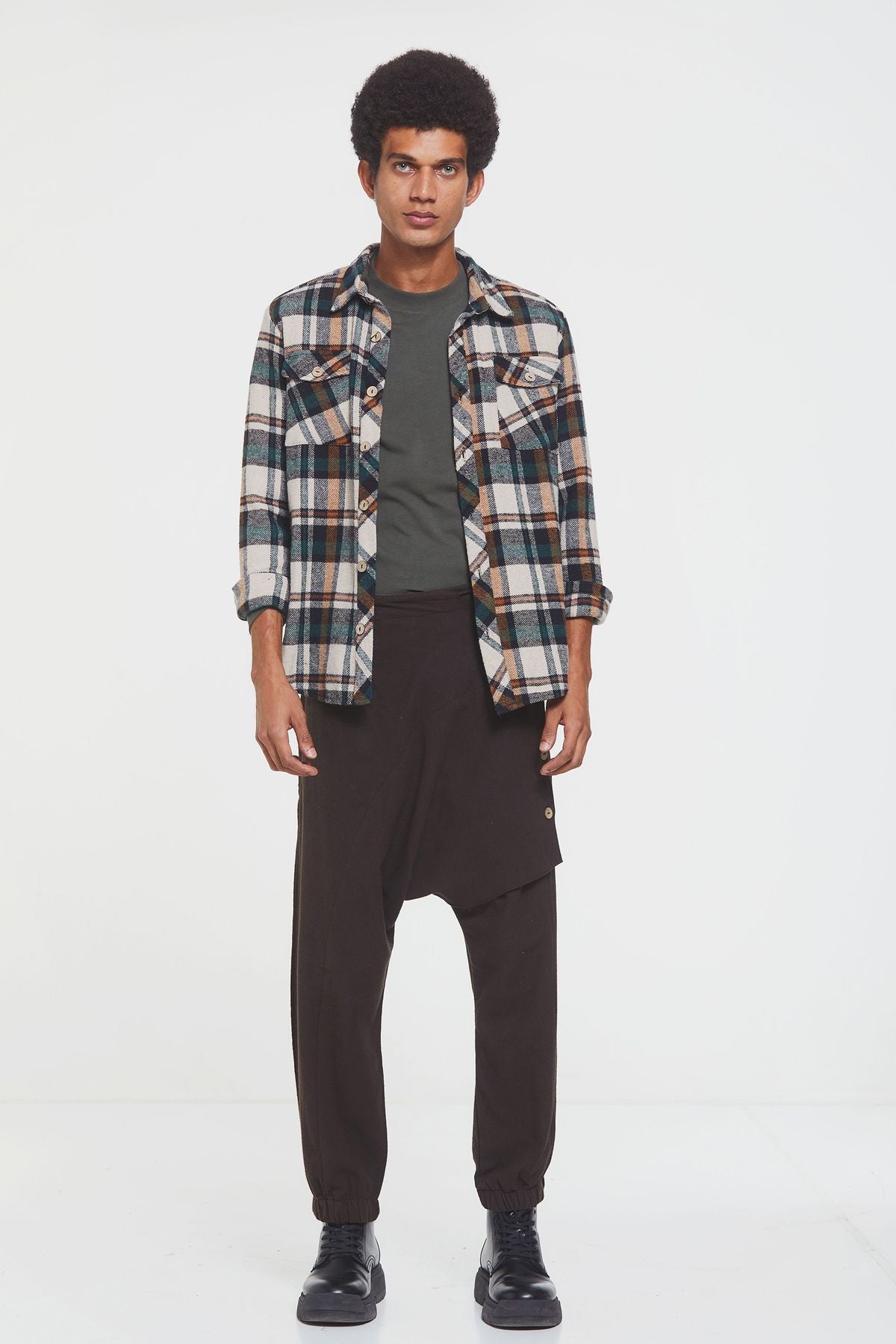 Elastic Cuff Men's Winter Harem Pants with Pocket Brown