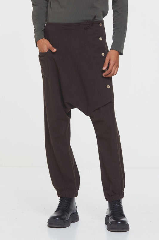 Elastic Cuff Men's Winter Harem Pants with Pocket Brown