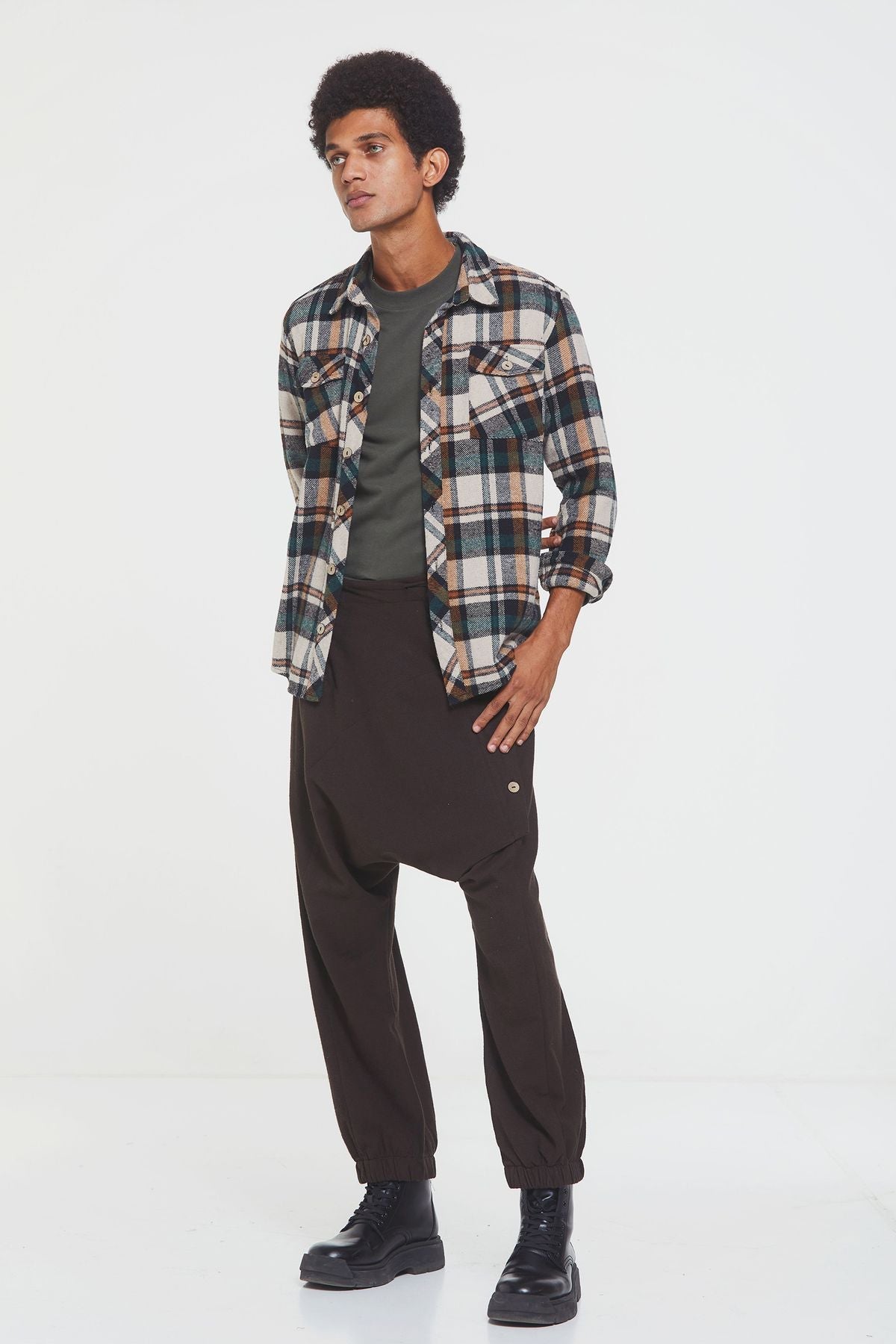 Elastic Cuff Men's Winter Harem Pants with Pocket Brown
