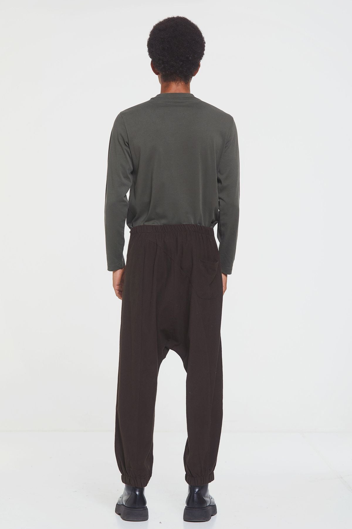 Elastic Cuff Men's Winter Harem Pants with Pocket Brown