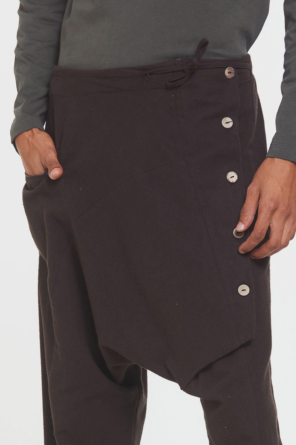 Elastic Cuff Men's Winter Harem Pants with Pocket Brown