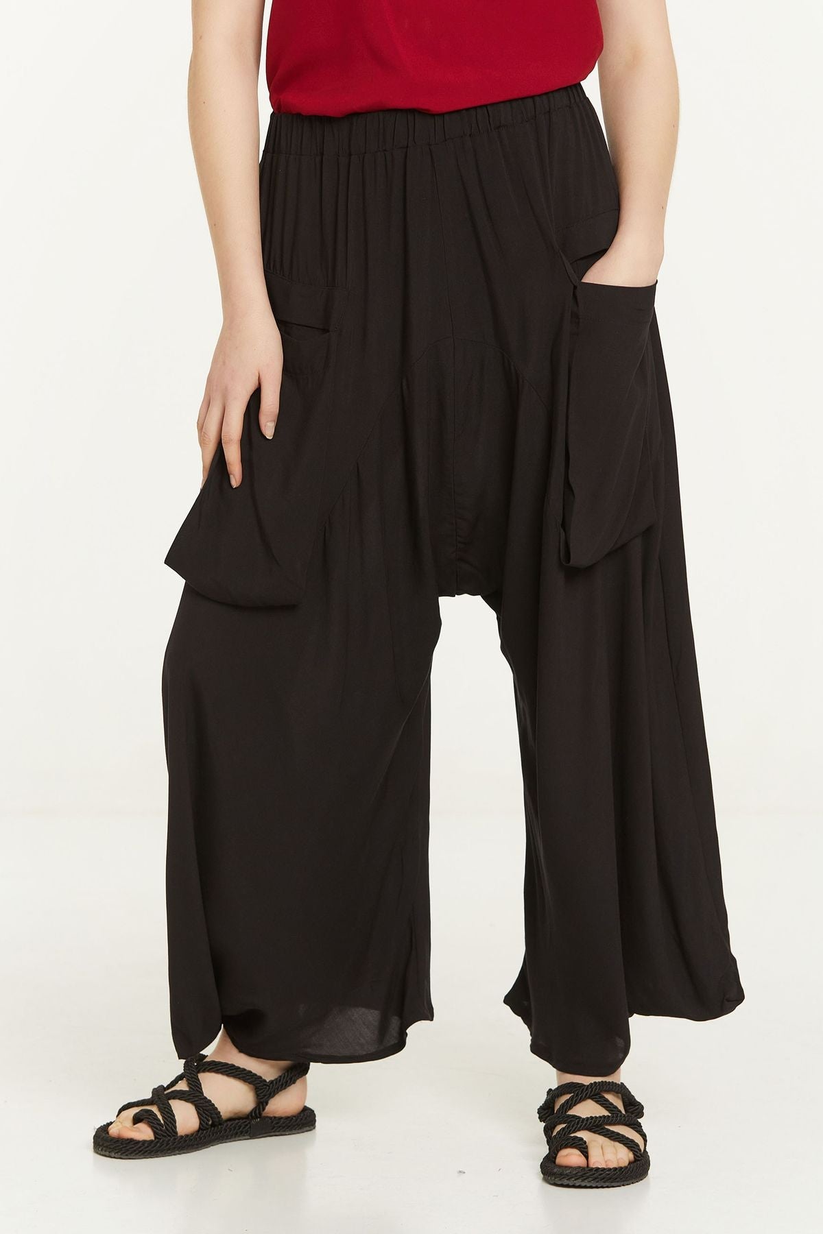 Elastic Waist Harem Style Unisex Pants Black