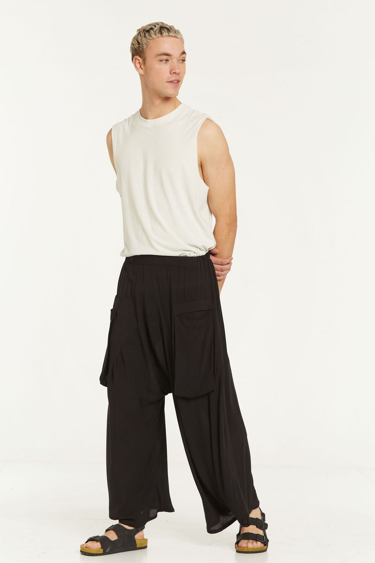 Elastic Waist Harem Style Unisex Pants Black