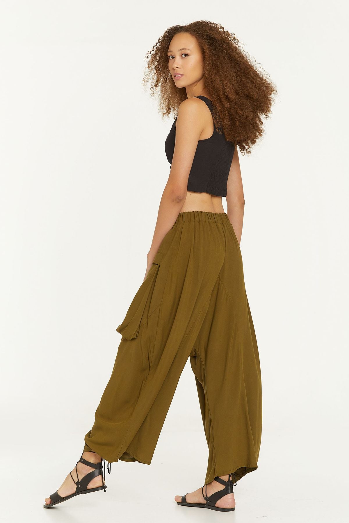 Elastic Waist Harem Style Unisex Pants Khaki