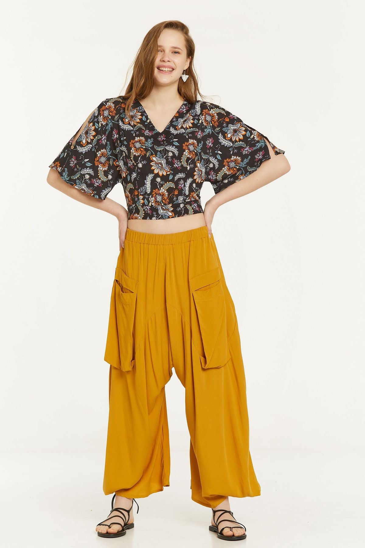 Elastic Waist Harem Style Unisex Pants Yellow