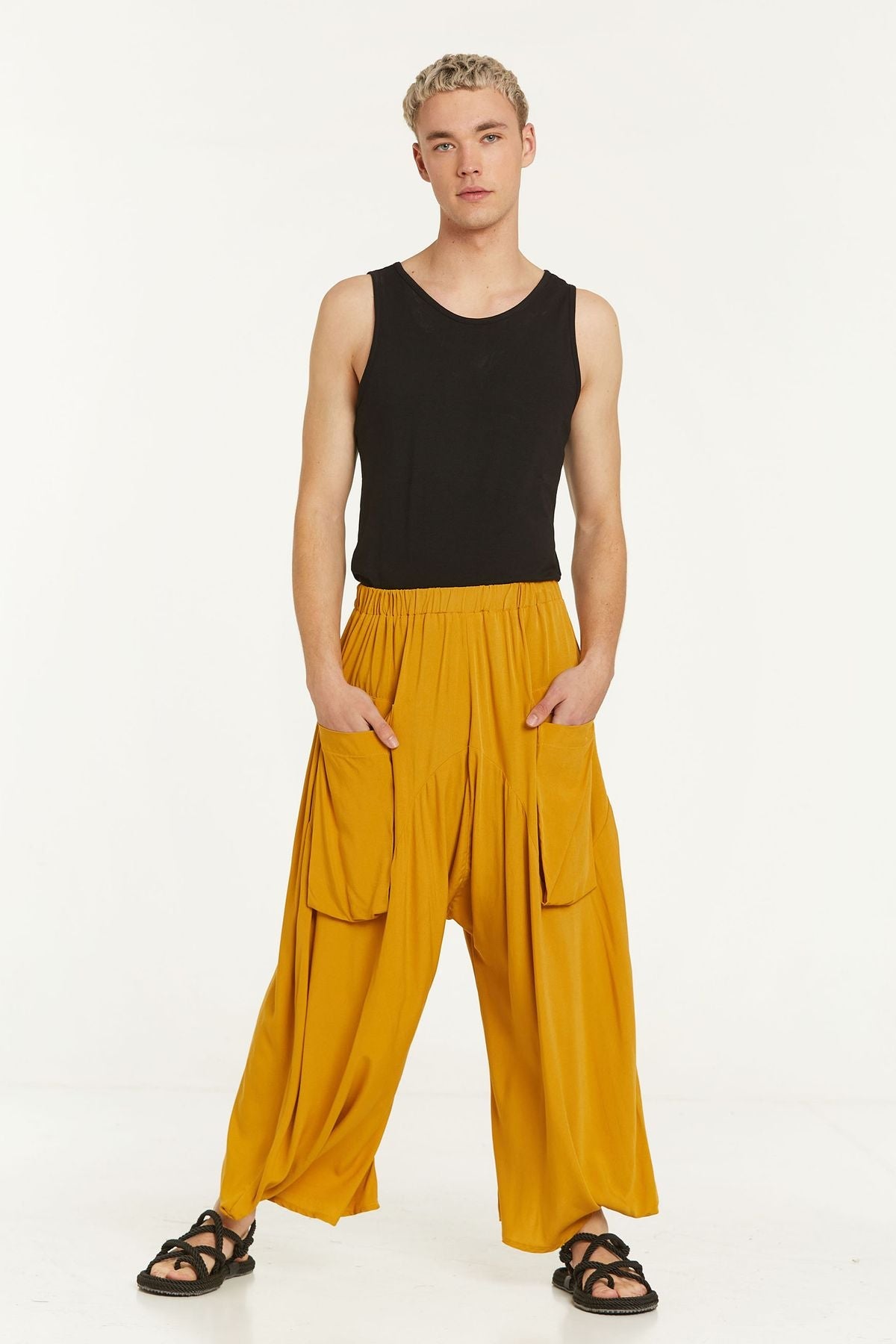 Elastic Waist Harem Style Unisex Pants Yellow